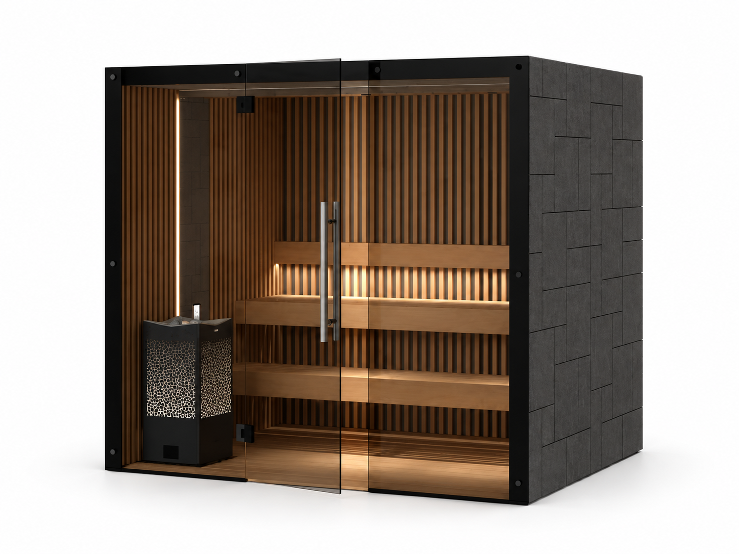 Tylö Reflection sauna with smoked-glass frontage and ribbed timber interior